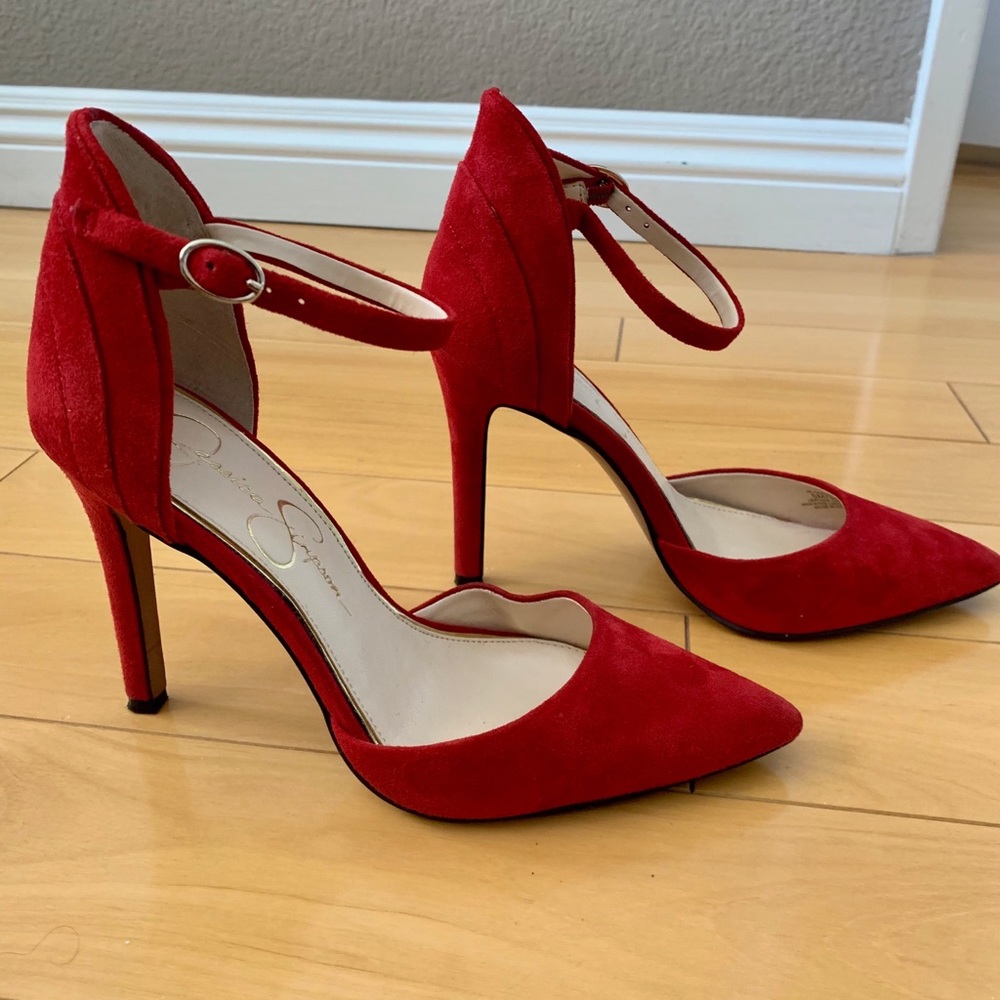 RED ANKLE STRAP HIGH HEELS - WORN ONCE